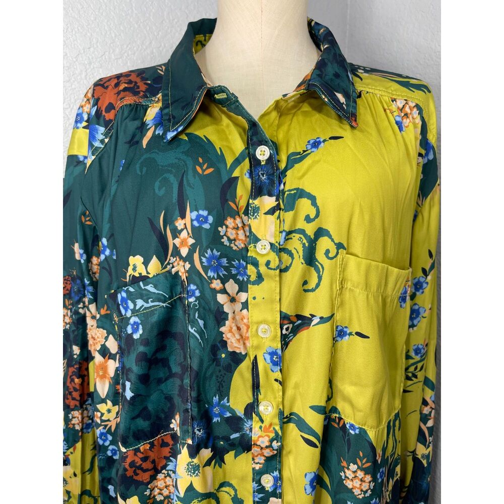 Anthropologie Floral Patchwork Blouse 3X Yellow Green Colorblock Button Shirt - Picture 10 of 12